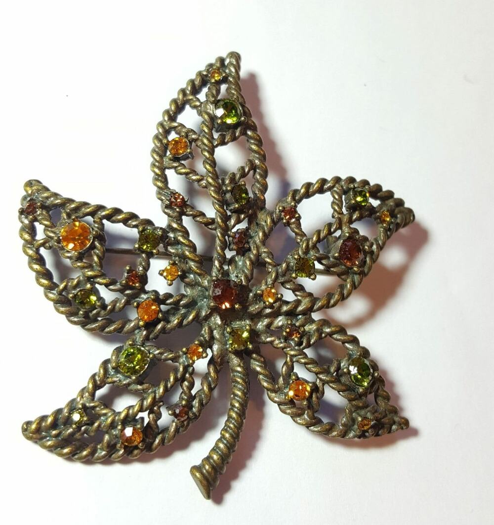 Vintage Avon Rhinestone Brooch Pin‎ 2.75" Bronze Leaf Statement Brooch fb1-55